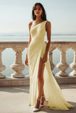 Champagne Chiffon Ruched One Shoulder Beach Maxi Engagement Dress with Slit