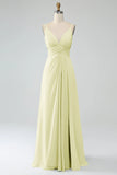 A-Line Pleated Spaghetti Straps Chiffon Bridesmaid Dress With Slit