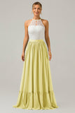 Eucalyptus A-Line Halter Pleated Keyhole Chiffon Bridesmaid Dress With Lace