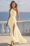 Ivory Ruched One Shoulder Chiffon Maxi Engagement Dress with Slit