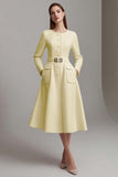 Ivory A Line Boat Neck Midi Tweed Outfits with Pockets