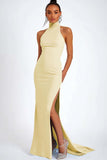 Sky Blue Satin High Neck Sheath Long Wedding Guest Dress with Slit