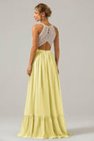 Eucalyptus A-Line Halter Pleated Keyhole Chiffon Bridesmaid Dress With Lace