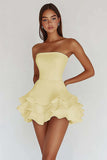 Satin White A Line Strapless Tiered Mini Graduation Dress with Ruffles