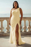 Champagne Chiffon Ruched One Shoulder Beach Maxi Engagement Dress with Slit