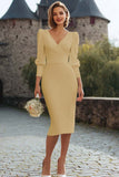 Midi Ivory V-Neck Bodycon Engagement Dress with Sleeves