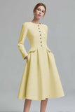 Tweed Ivory Long Sleeves A Line Midi Date Night Dress with Pockets