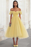 Yellow Tulle Off the Shoulder A Line Midi Formal Dress