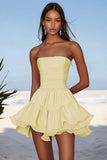 Sky Blue Ruched Mini Graduation Dress with Ruffles
