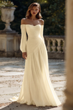 Simple Ivory Chiffon Sweep Train Ruched Wedding Dress with Sleeves