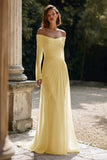 Ivory Sheath Chiffon Ruched Sweep Train Off the Shoulder Wedding Dress
