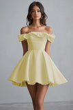 A Line Satin Off the Shoulder White Short Graduation Dress with Ruffles