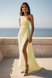 Chiffon One Shoulder Ruched Ivory Maxi Rehearsal Dinner Dress with Slit