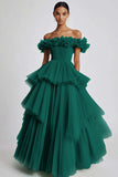 Dusty Sage Ball Gown Tulle Tiered Long Formal Dress with Ruffles