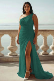 Champagne Chiffon Ruched One Shoulder Beach Maxi Engagement Dress with Slit