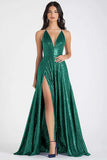 Sparkly Navy A Line Sequined V-Neck Maxi Prom Dress with Slit