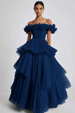 Dark Navy Ball Gown Tulle Tiered Maxi Formal Dress with Ruffles