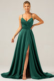A Line Satin Royal Blue Spaghetti Straps Prom Dress with Slit