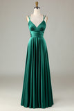 Grand Beauty A Line Spaghetti Straps Olive Long Bridesmaid Dress with Ruffles