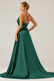 A Line Satin Royal Blue Spaghetti Straps Prom Dress with Slit