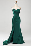 Mermaid Navy Spaghetti Straps Long Prom Dress With Slit