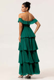Dark Green Tiered A Line Maxi Bridesmaid Dress