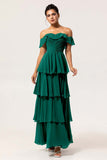 Dark Green Tiered A Line Maxi Bridesmaid Dress