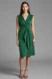 Royal Blue Bodycon Satin V-Neck Midi Work Dress with Sash