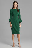 Navy Satin Midi Bodycon Work Dress with Long Sleeves