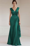 Grey Blue V-Neck Sheath Maxi Ruched Formal Dress with Ruffles