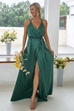 Dark Green Backless V-Neck Long Bridesmaid Dress With Side Slit