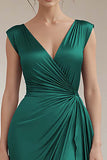 Grey Blue V-Neck Sheath Maxi Ruched Formal Dress with Ruffles