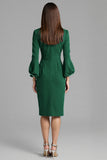 Navy Satin Midi Bodycon Work Dress with Long Sleeves