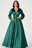 Dark Green A-Line Satin Mother of the Bride Dress with Long Sleeves