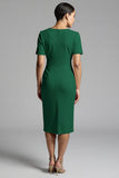 Champagne V-Neck Bodycon Midi Satin Work Dress with Sleeves