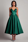 Champagne Satin A-Line V Neck Tea Length Formal Dress