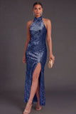 Sparkly Black Mermaid High Neck Sequins Long Formal Dress with Slit