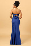 Dark Navy Satin Mermaid Strapless Bridesmaid Dress