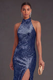 Sparkly Black Mermaid High Neck Sequins Long Formal Dress with Slit