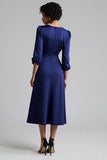 Royal Blue A Line Satin Midi Work Dress with Sleeves