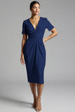 Champagne V-Neck Bodycon Midi Satin Work Dress with Sleeves