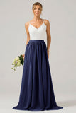 Cabernet A-Line Spaghetti Straps Pleated Long Bridesmaid Dress With Lace