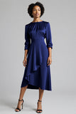 Plum Satin Ruched A Line Midi Work Dress with Sleeves