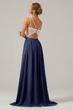 Cabernet A-Line Spaghetti Straps Pleated Long Bridesmaid Dress With Lace