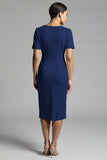 Champagne V-Neck Bodycon Midi Satin Work Dress with Sleeves