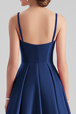 Black A Line Satin Spaghetti Straps Maxi Formal Dress