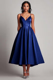Champagne Satin A-Line V Neck Tea Length Formal Dress