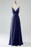 Dusty Sage A-Line Pleated Spaghetti Straps Chiffon Maternity Bridesmaid Dress With Slit