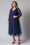 Dark Navy V-neck Chiffon Mother of the Bride Dress with Maxi Jacket