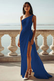 Champagne Chiffon Ruched One Shoulder Beach Maxi Engagement Dress with Slit
